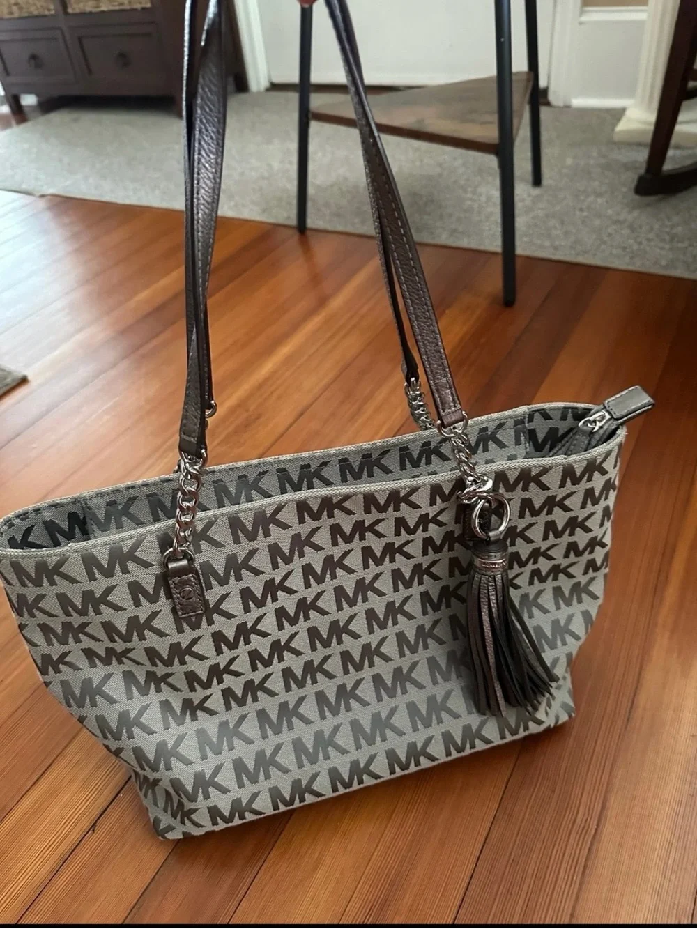 Michael Kors Brown and Gray MK Logo Tote with Tassel Charm